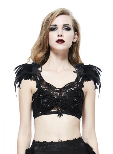 EVA LADY EAS003 Black chest harness with lace, little flowers and feathers, elegant lingerie accessory