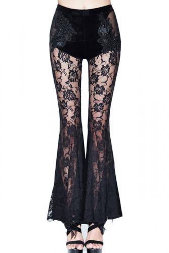 EVA LADY EPT005 Pantalon en velours noir, pattes dlphant en dentelle avec broderies, gothique lgant