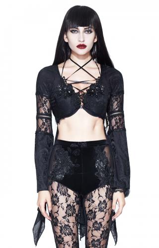 EVA LADY ETT011 Black embroidered neckline crop top with flower, flared lace sleeves, elegant Gothic