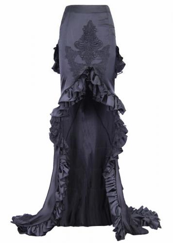 EVA LADY ESKT010 Long black skirt with train with embroidery and pleated ruffles, elegant goth