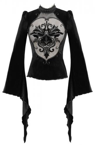 EVA LADY ETT022 Black velvet top, flared sleeves, embroidered transparent fishnet bust, elegant goth